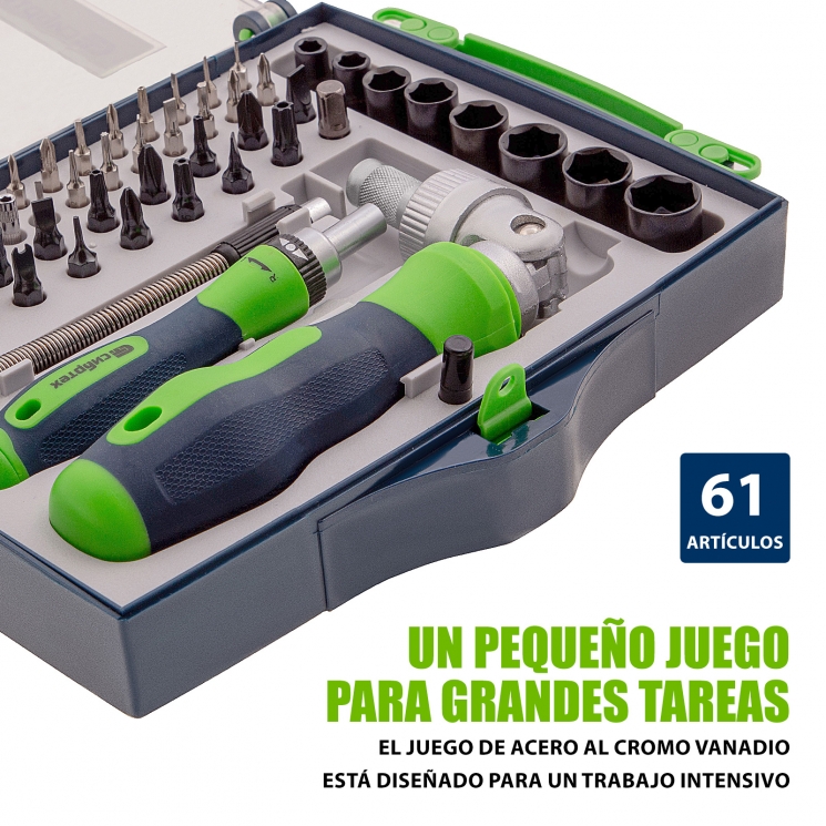 Destornilladores reversibles con juego de puntas y vasos, 61 uds, CrV Sibrtech